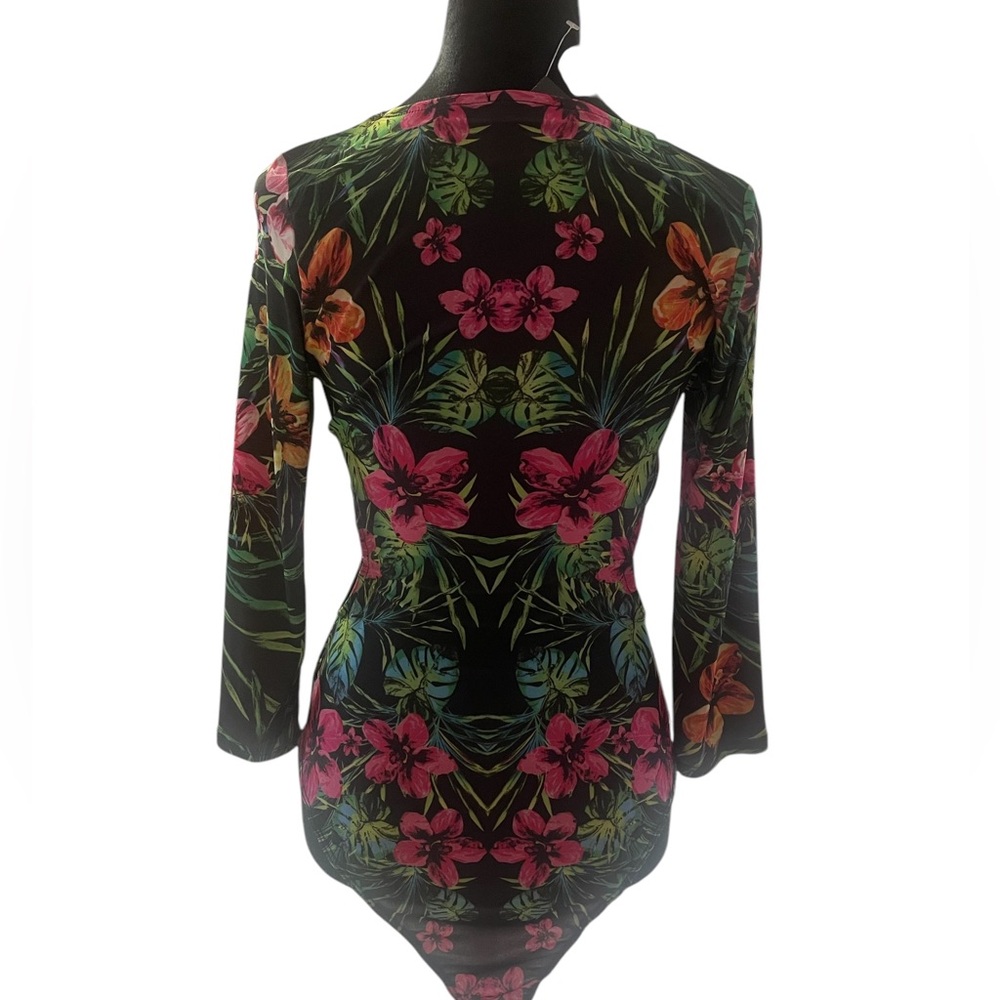Tropical dreams Floral Peep hole cut out Bodysuit, V-Neck,Black,Pink,Med,NWT - Picture 3 of 6